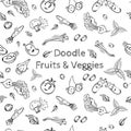 Black doodle style fruit and veggies.