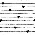 Black doodles hand-drawn seamless pattern heart pattern on striped background.