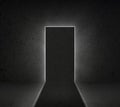 Black door with bright light shines from door in dark room. Dream, success, opportunity. concept business Royalty Free Stock Photo