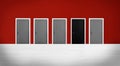 Black door among grey ones. Concept of choice Royalty Free Stock Photo