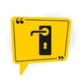 Black Door handle icon isolated on white background. Door lock sign. Yellow speech bubble symbol. Vector Illustration. Royalty Free Stock Photo