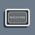 Black Doormat with the text Welcome icon isolated on grey background. Welcome mat sign. Long shadow style. Vector