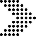 Black dots of increasing and decreasing size are forming a zigzag shape pointing towards the right down corner against a