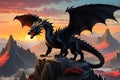 Black Dragon Perched Atop a Jagged Mountain Ridge: Scales Glistening with the Setting Sun\'s Fiery Glow