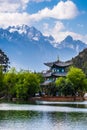 The black dragon pool in front of Jade dragon Snow Mountain the snow mountain in Lijiang, Yunnan, China Royalty Free Stock Photo