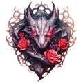 Black dragon with red roses tattoo Watercolor style Royalty Free Stock Photo