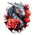 Black dragon with red roses tattoo Watercolor style Royalty Free Stock Photo