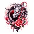 Black dragon with red roses tattoo Watercolor style Royalty Free Stock Photo