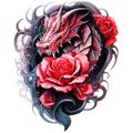 Black dragon with red roses tattoo Watercolor style Royalty Free Stock Photo