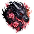 Black dragon with red roses tattoo Watercolor style Royalty Free Stock Photo