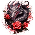 Black dragon with red roses tattoo Watercolor style Royalty Free Stock Photo