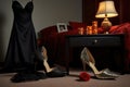 a black dress, evening clutch, and high heels placed on a luxurious king-sized bed