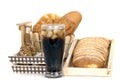 Black drink (cola) and donuts and sugar over lettuce over white Royalty Free Stock Photo