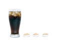 Black drink (cola) and sugar over lettuce over white background Royalty Free Stock Photo