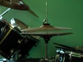 Black drum kit close-up. Musician set with mix of drums. Musical instruments devices for drumming performance Rock style