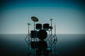 Black Drums Set with Cymbals, a Bass Drum, two Toms and a Snare Drum Reflected on a Shiny Dark Blue Surface. 3d Rendering Royalty Free Stock Photo