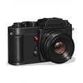 Black DSLR camera illustration featuring a detailed lens with a ribbed grip, red button, Royalty Free Stock Photo