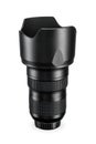 Black DSLR camera zoom lens isolated on white. Photography equipment, side view