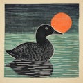 Bold And Colorful Woodcut Print Of A Black Duck