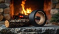 Black Duct Tape Roll Beside Fireplace Log on Stone Table Warm Fireplace Background Royalty Free Stock Photo