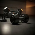 Black dumbbells on the floor in dark. Concept fitness