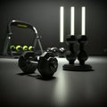 Black dumbbells on the floor in dark. Concept fitness