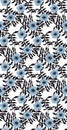 Black and dusty blue fancy seamless vector pattern with flowers and leaves