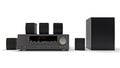 Black DVD receiver and home theater system with speakers and subwoofer. 3d illustration. Royalty Free Stock Photo