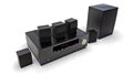 Black DVD receiver and home theater system with speakers and subwoofer. 3d illustration. Royalty Free Stock Photo