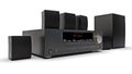 Black DVD receiver and home theater system with speakers and subwoofer. 3d illustration. Royalty Free Stock Photo