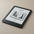 Black e-reader displaying an open digital book on its screen, featuring a mockup with