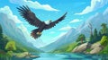 A black eagle, falcon, or hawk flying with outspread wings over a scenic mountain lake, a wild bird predator hunting