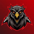 A black eagle with red eyes standing boldly against a vibrant red background, Intimidating Scary Crow Logo Mascot, Striking Vector Royalty Free Stock Photo