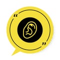 Black Ear listen sound signal icon isolated on white background. Ear hearing. Yellow speech bubble symbol. Vector Royalty Free Stock Photo