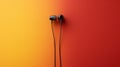 Black earphones on vibrant orange and red background, with copy space. Generative AI