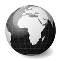 Black Earth globe focused on Africa. With thin white meridians and parallels. 3D glossy sphere vector illustration