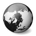 Black Earth globe focused on Arctica. With thin white meridians and parallels. 3D glossy sphere vector illustration