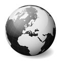 Black Earth globe focused on Europe. With thin white meridians and parallels. 3D glossy sphere vector illustration