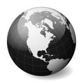 Black Earth globe focused on North America. With thin white meridians and parallels. 3D glossy sphere vector