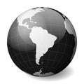 Black Earth globe focused on South America. With thin white meridians and parallels. 3D glossy sphere vector