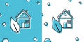 Black Eco friendly house icon isolated on blue and white background. Eco house with leaf. Random dynamic shapes. Vector Royalty Free Stock Photo