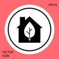 Black Eco friendly house icon isolated on red background. Eco house with leaf. White circle button. Vector Royalty Free Stock Photo