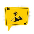 Black Egypt pyramids icon isolated on white background. Symbol of ancient Egypt. Yellow speech bubble symbol. Vector
