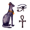 Bastet egyptian cat watercolor. Symbol egypt