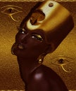 Black Egyptian Queen, beautiful face, gold glitter background. Royalty Free Stock Photo