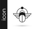 Black Egyptian Scarab icon isolated on white background. Winged scarab Beetle and sun. Vector Royalty Free Stock Photo