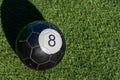 Black Eight 8 ball a soccer billiards or pool ball on green grass with a shadow and copy space. Concept of sports, recreation