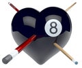Black eight billiard ball heart with cues