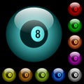 Black eight billiard ball icons in color illuminated glass buttons Royalty Free Stock Photo