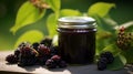 Black elderberry jam, ready to eat. Fresh ripe black elderberries, elderberry syrup. generative ai